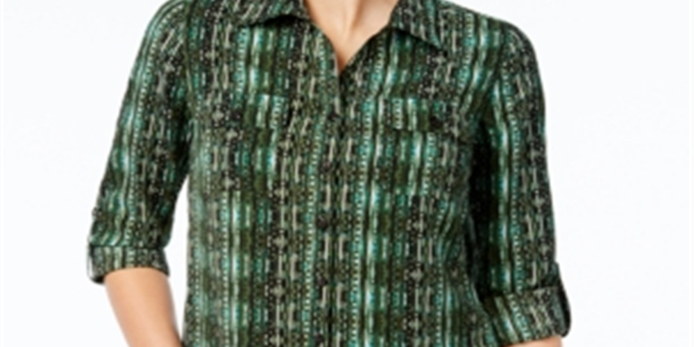 NY Collection Women's Printed Utility Shirt GreenSize Petite L