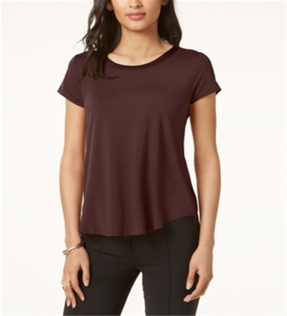 Alfani Women's Satin Trim High Low T-Shirt Brown Size Petite Small