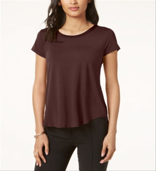 Alfani Women's Satin Trim High Low T-Shirt Brown Size Petite Small