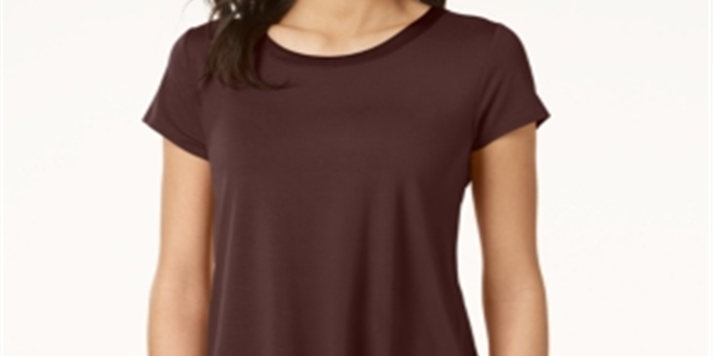 Alfani Women's Satin Trim High Low T-Shirt Brown Size Petite Small