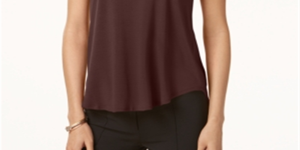 Alfani Women's Satin Trim High Low T-Shirt Brown Size Petite Small