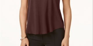 Alfani Women's Satin Trim High Low T-Shirt Brown Size Petite Small