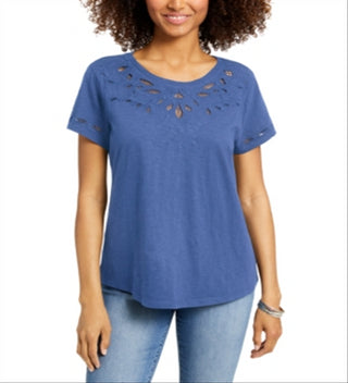 Charter Club Women's Cutout Cotton T-Shirt Blue Size X-Small