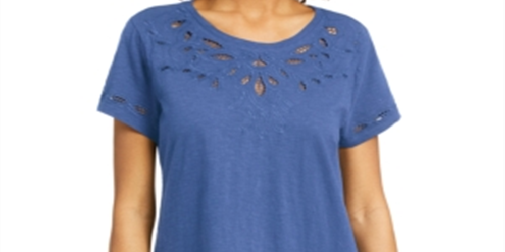 Charter Club Women's Cutout Cotton T-Shirt Blue Size X-Small