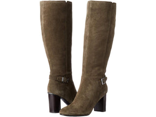 Bandolino Women's Metal Heel Accent Buckle Accent Cushioned Bilya Almond Toe Block Heel Zip up Leather Heeled Boots Green Size 9.5 M