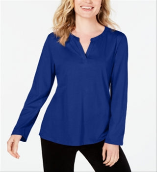 Charter Club Women's Supima Cotton Split Neck Top Blue Size X-Large