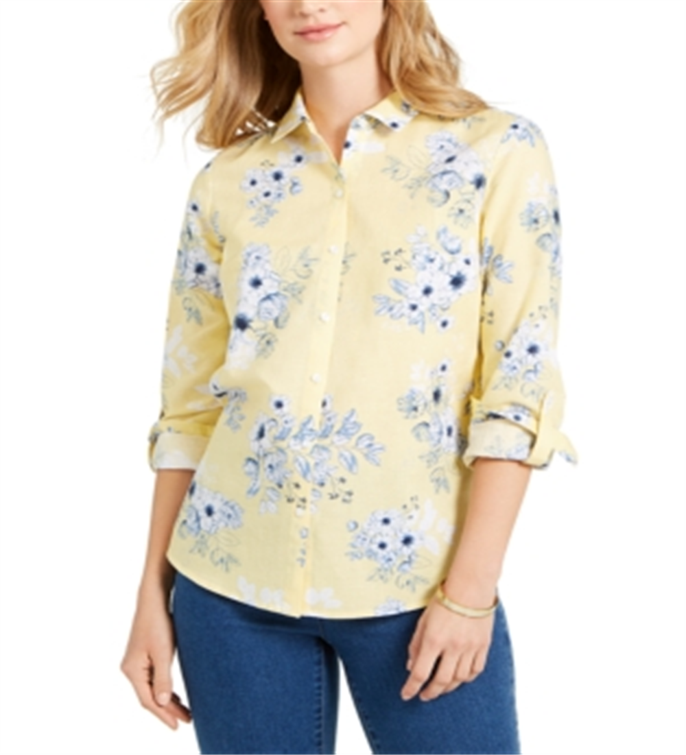 Charter Club Women's Floral Print Linen Blend Shirt Yellow Size Small