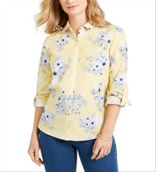 Charter Club Women's Floral Print Linen Blend Shirt Yellow Size Small