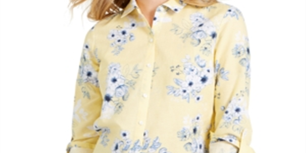 Charter Club Women's Floral Print Linen Blend Shirt Yellow Size Small