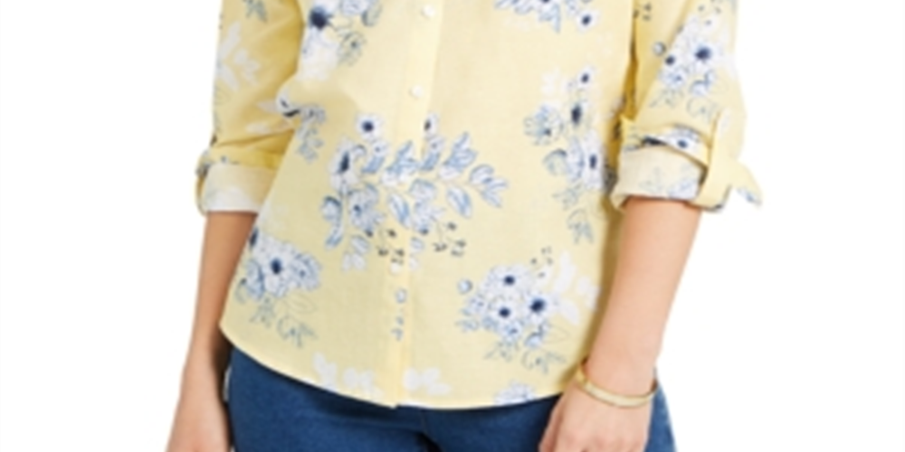 Charter Club Women's Floral Print Linen Blend Shirt Yellow Size Small