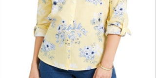 Charter Club Women's Floral Print Linen Blend Shirt Yellow Size Small