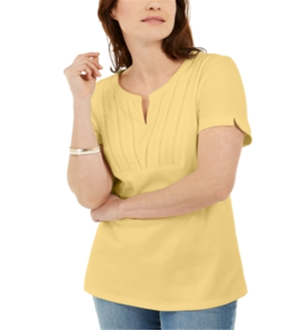 Karen Scott Women's Woven Split Neck Top Yellow Size Medium