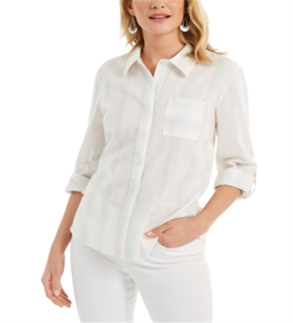 Style & Co Women's Striped Roll Tab Blouse Pink Size Petite Small