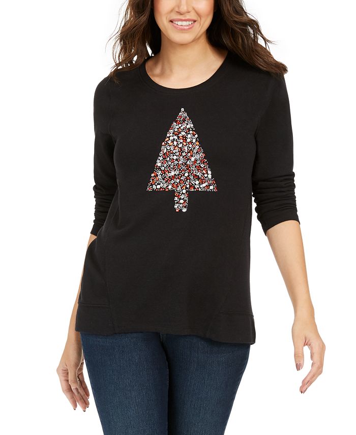 Style & Co Women's Embellished Tree Sweatshirt Black Size XX-Large