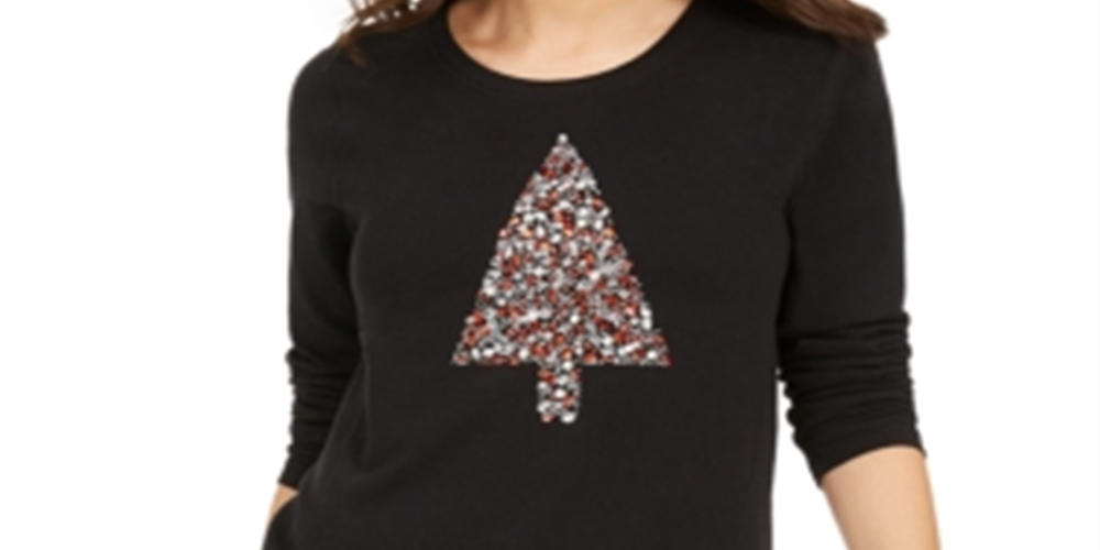Style & Co Women's Embellished Tree Sweatshirt Black Size XX-Large