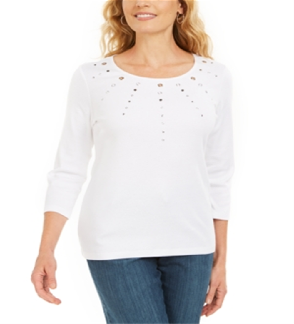 Karen Scott Women's Cotton Grommet Embellished Top White Size X-Small