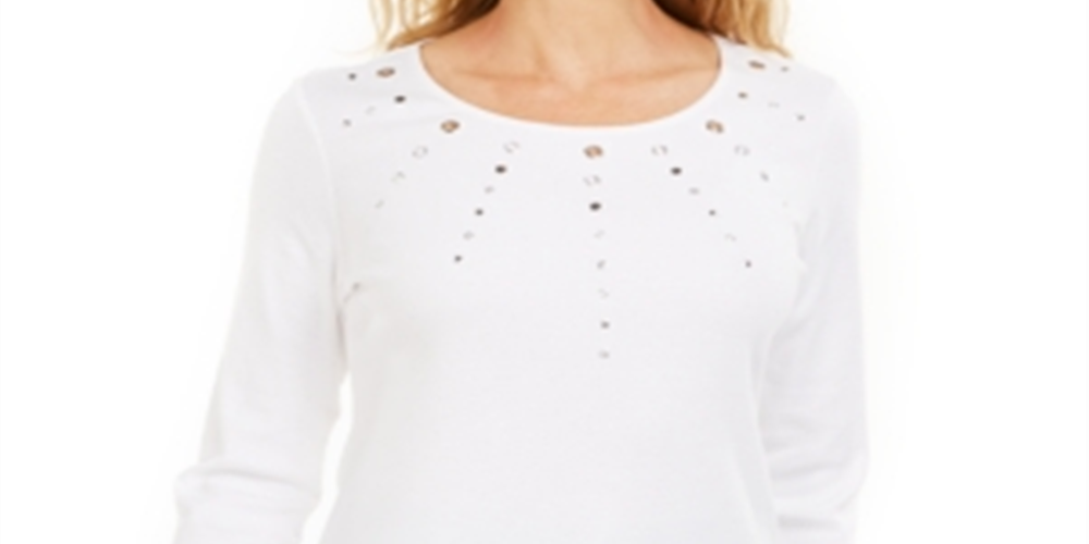 Karen Scott Women's Cotton Grommet Embellished Top White Size X-Small