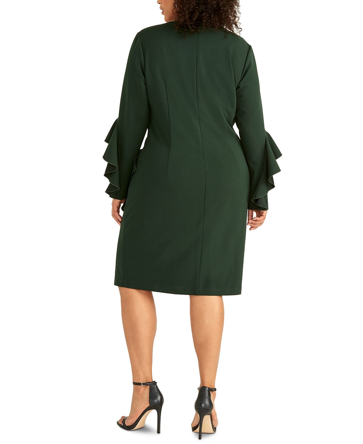 Rachel Roy Women's Ruffled Bell Sleeve Jewel Neck Knee Length Sheath Cocktail Dress Green Size 18W