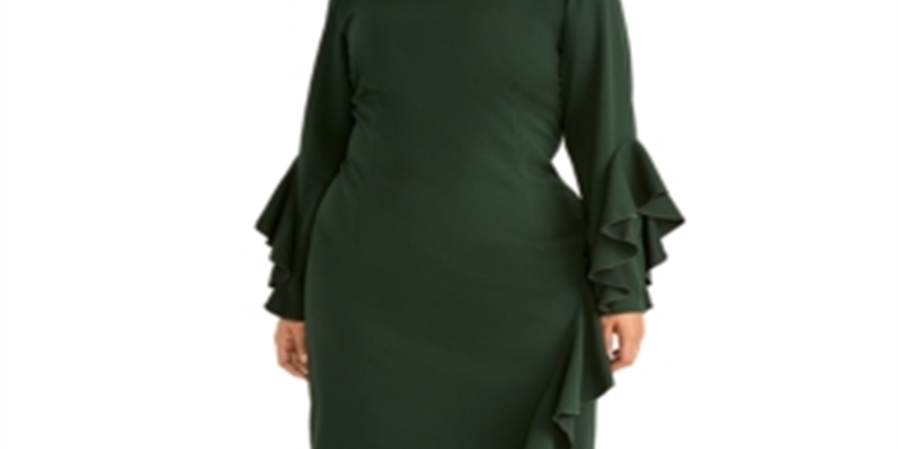 Rachel Roy Women's Ruffled Bell Sleeve Jewel Neck Knee Length Sheath Cocktail Dress Green Size 18W