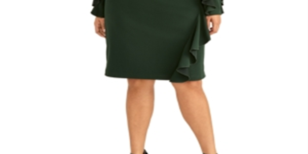 Rachel Roy Women's Ruffled Bell Sleeve Jewel Neck Knee Length Sheath Cocktail Dress Green Size 18W