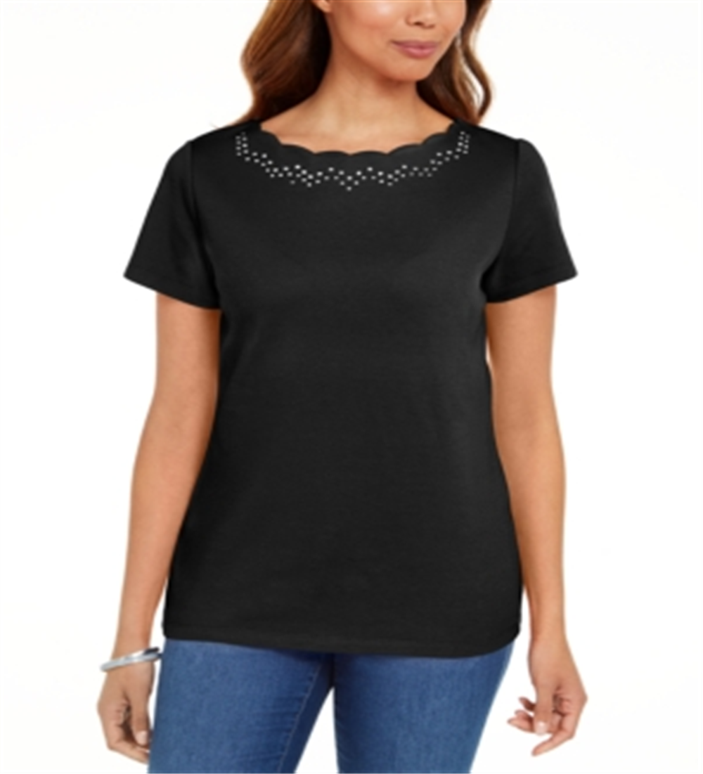 Karen Scott Women's Cotton Scalloped Neck T-Shirt Black Size X-Large