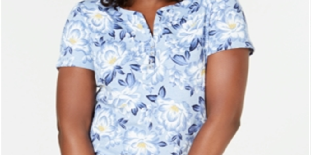 Karen Scott Women's Printed Short Sleeve Henley Blue Size Medium