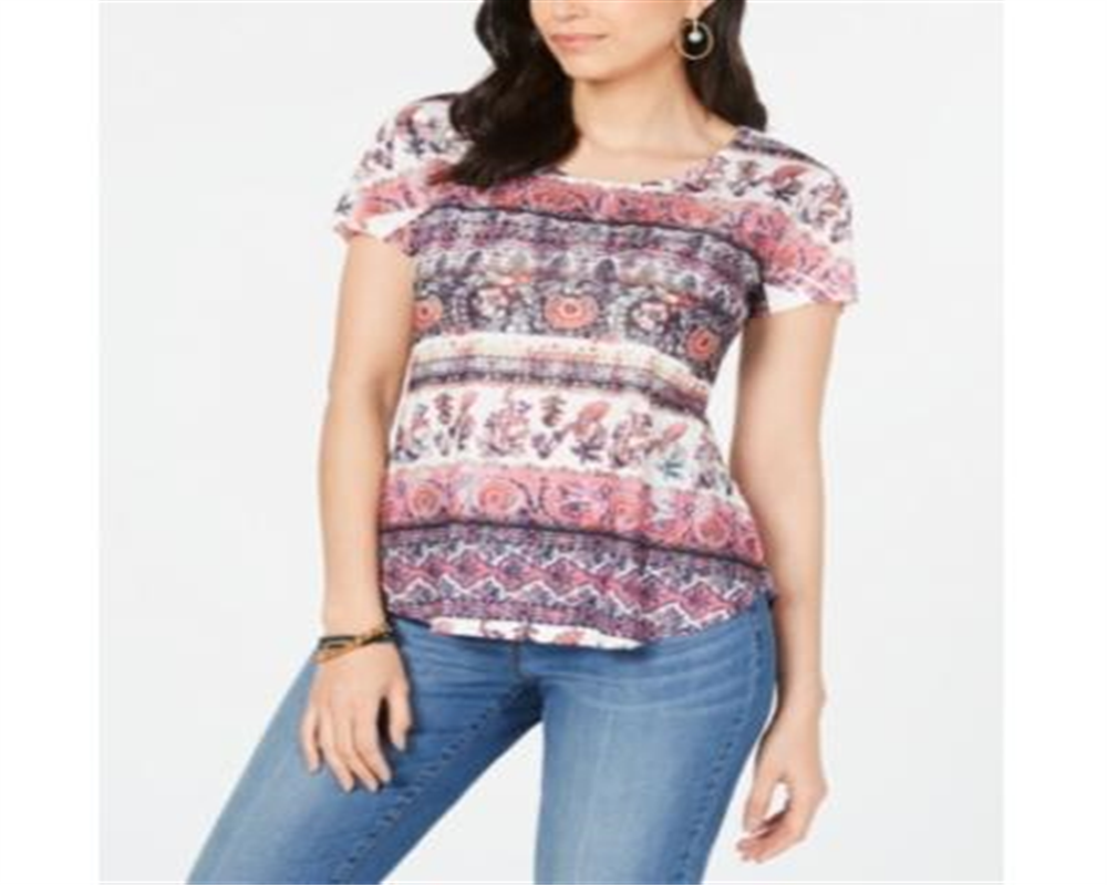 Style & Co Women's Printed Short Sleeve T-Shirt Top Pink Size Small