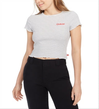 Dickies Women's Striped Baby T-Shirt White Size Small