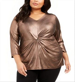Alfani Women's Plus Metallic Twist Front Top Black-Gold Size 4XL