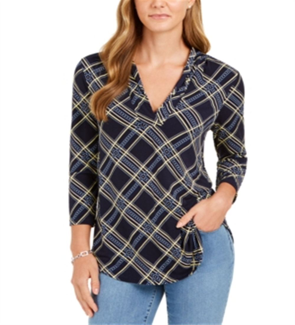 Charter Club Women's Printed V Neck Top Blue Size Small