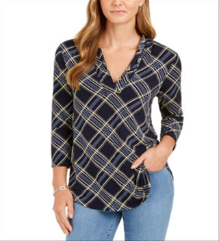 Charter Club Women's Printed V Neck Top Blue Size Small