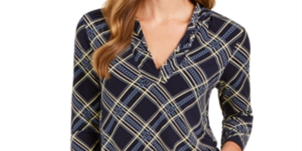 Charter Club Women's Printed V Neck Top Blue Size Small