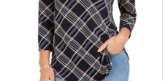 Charter Club Women's Printed V Neck Top Blue Size Small