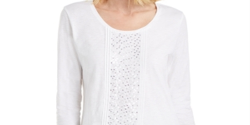 JM Collection Women's Latte Plus Sequined Scoop Neck Top Brown Size XX-Large