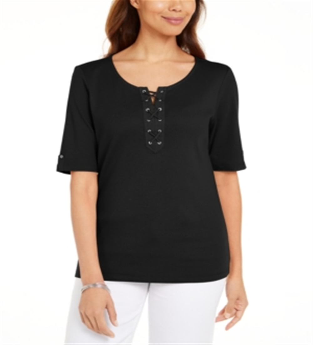 Karen Scott Women's Cotton Lace up Elbow Sleeve Top Black Size X-Small