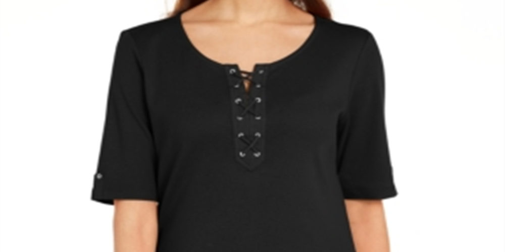 Karen Scott Women's Cotton Lace up Elbow Sleeve Top Black Size X-Small