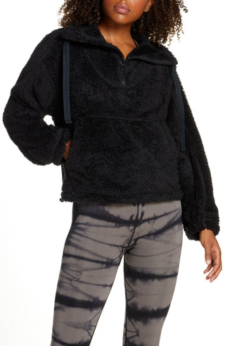 Free People Women's Faux Fur High Neck 1/4 Zip Pullover Black Size Large