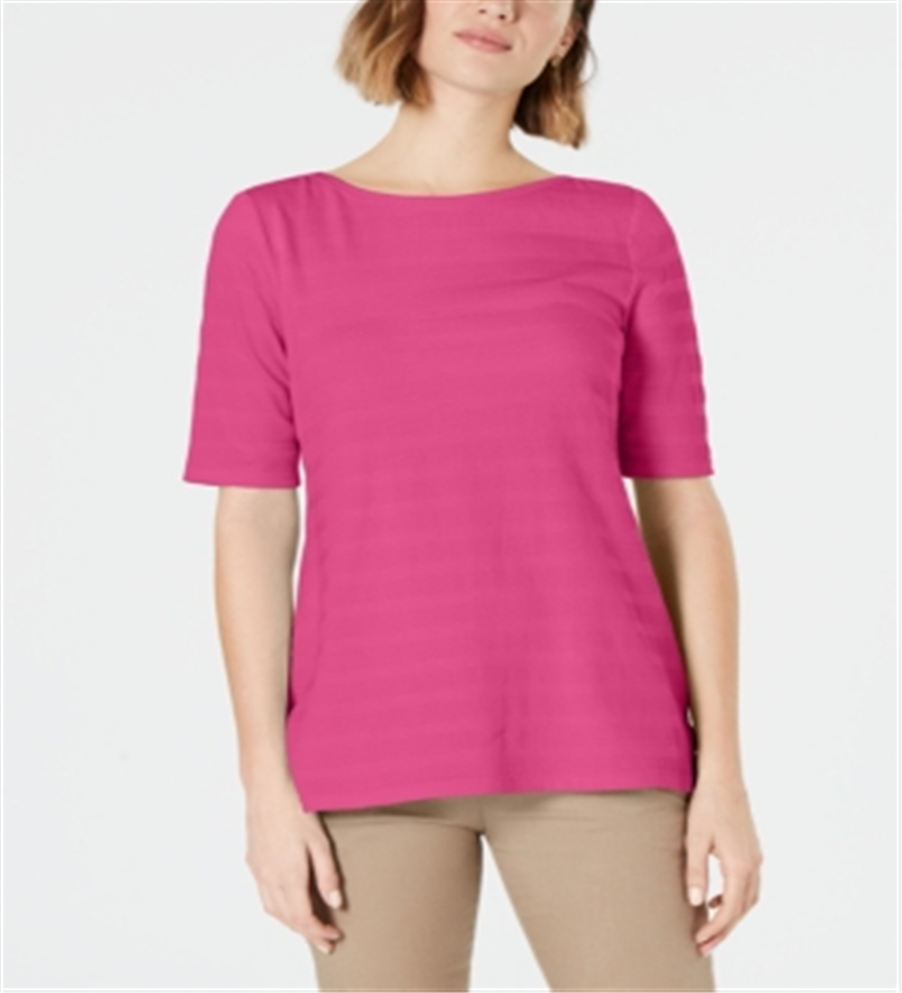 Charter Club Women's Cotton Texture-Striped Elbow Sleeve Top Pink Size Large