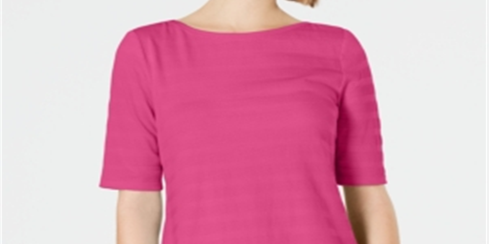 Charter Club Women's Cotton Texture-Striped Elbow Sleeve Top Pink Size Large