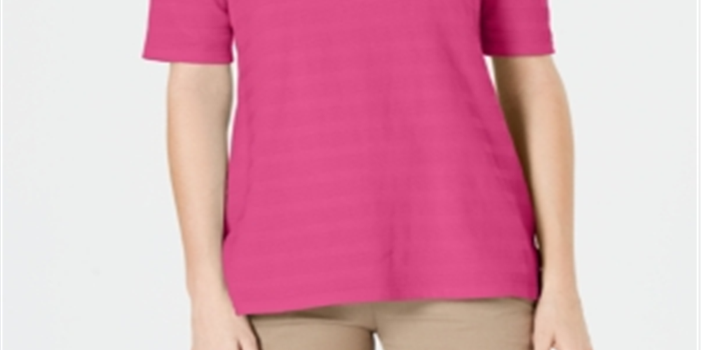 Charter Club Women's Cotton Texture-Striped Elbow Sleeve Top Pink Size Large