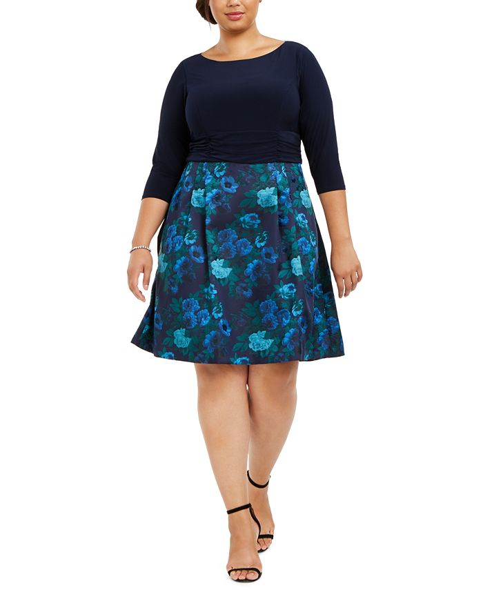 Jessica Howard Women's Floral 3/4 Sleeve Jewel Neck Knee Length Fit Flare Dress Blue Size 16W