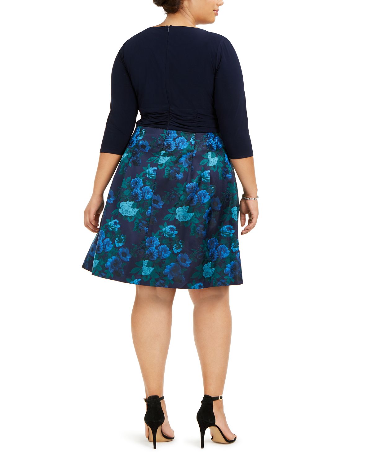 Jessica Howard Women's Floral 3/4 Sleeve Jewel Neck Knee Length Fit Flare Dress Blue Size 16W