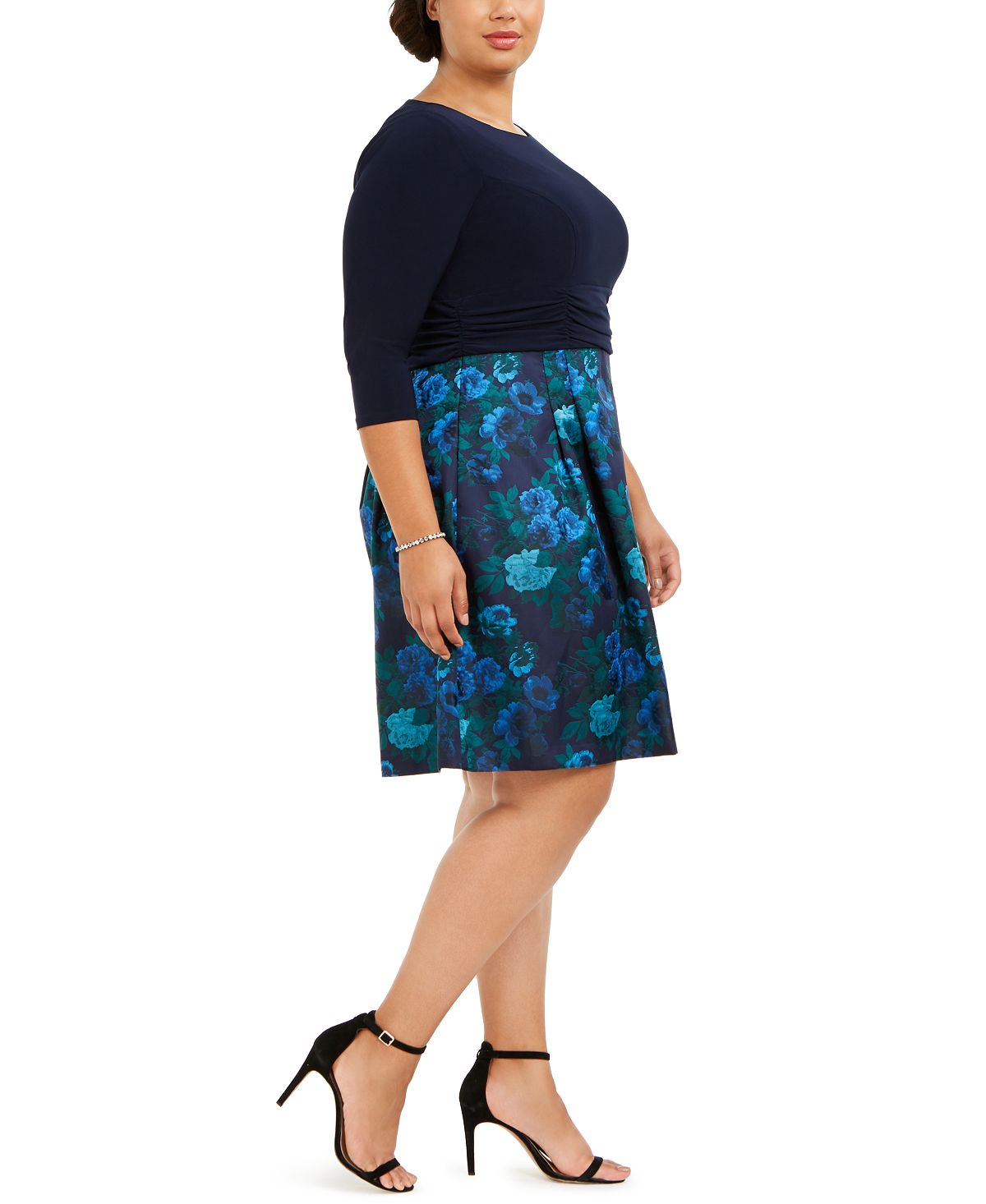 Jessica Howard Women's Floral 3/4 Sleeve Jewel Neck Knee Length Fit Flare Dress Blue Size 16W