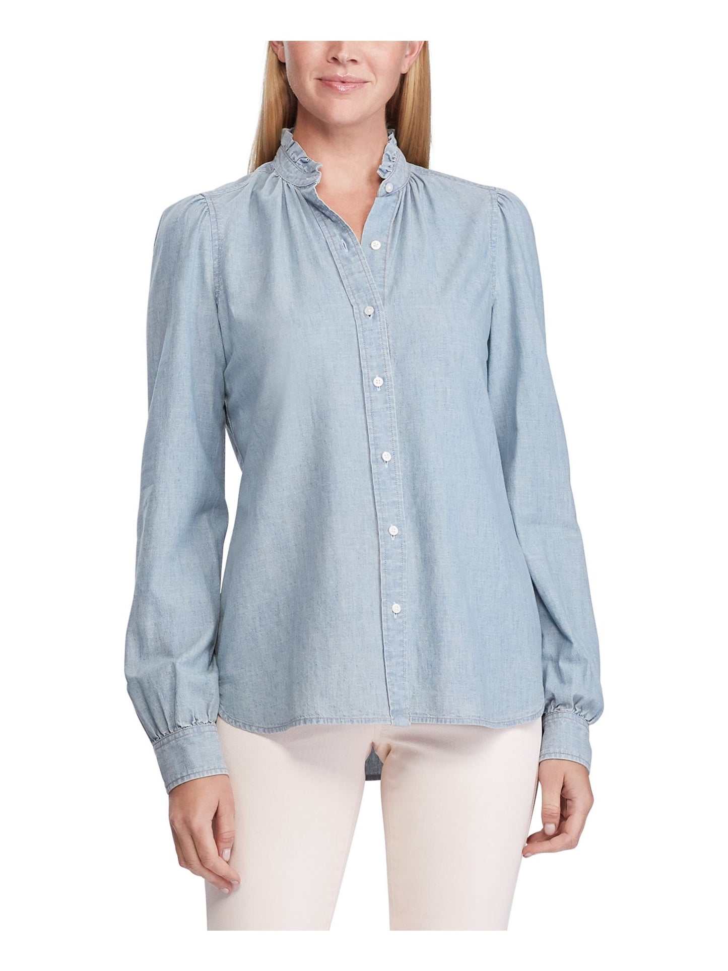 Ralph Lauren 89 Women's V Neck Cuffed Button up Casual Top Blue Size Large