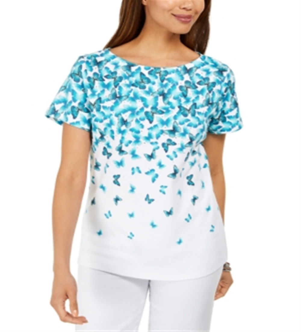 Karen Scott Women's Cascade Butterfly Printed Top Blue Size Small