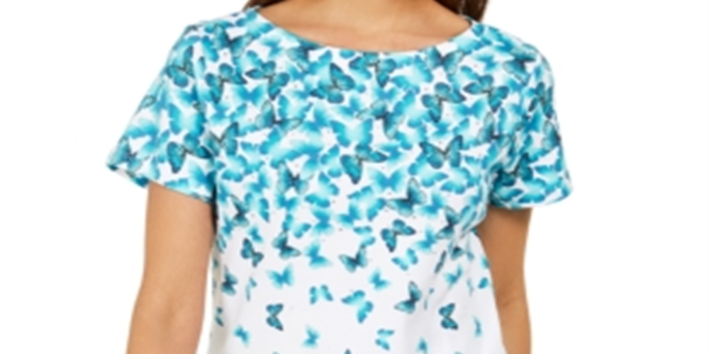 Karen Scott Women's Cascade Butterfly Printed Top Blue Size Small