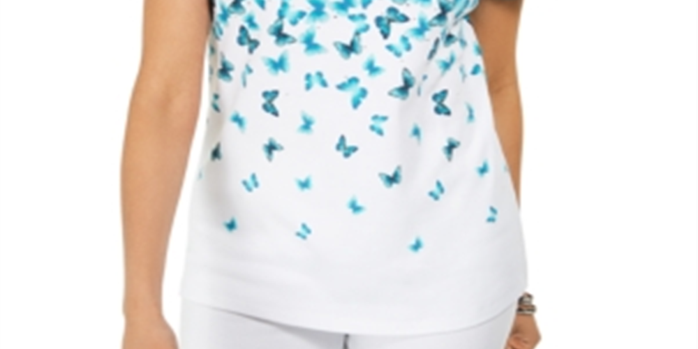 Karen Scott Women's Cascade Butterfly Printed Top Blue Size Small