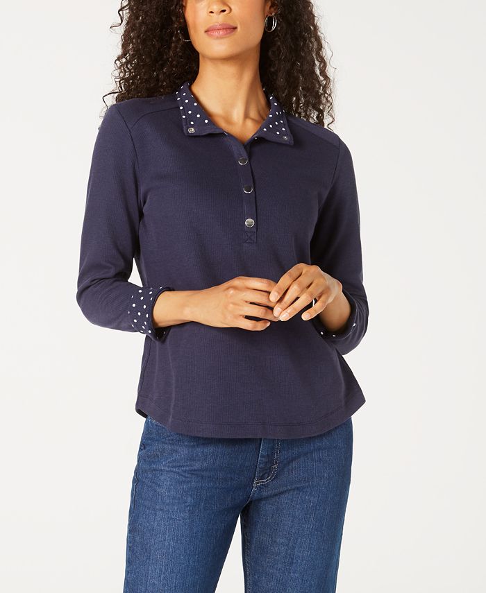 Karen Scott Women's Solid & Printed Collared Top Blue Size Petite S
