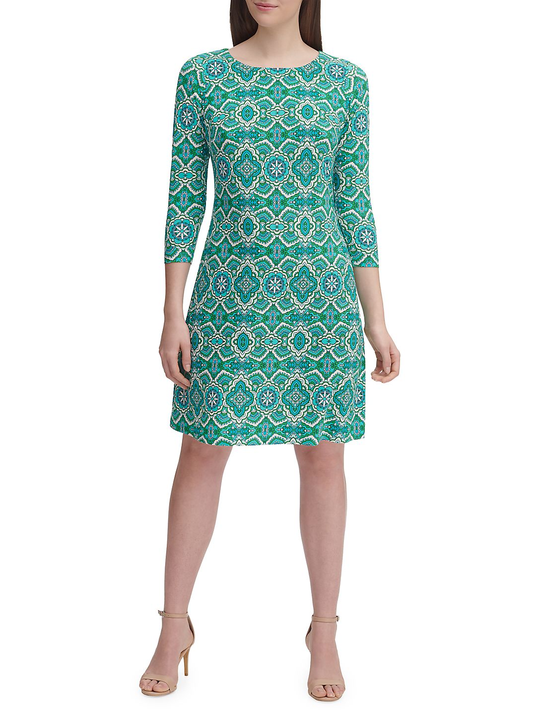 Tommy Hilfiger Women's 3/4 Sleeve Jewel Neck Knee Length Shift Dress Green Size 6