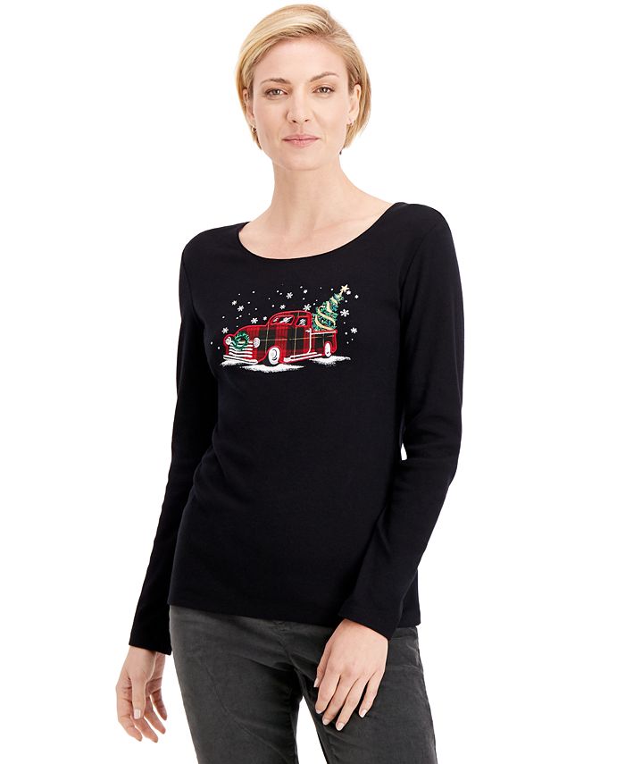 Karen Scott Women's Plaid Truck Cotton Top Black Size Medium